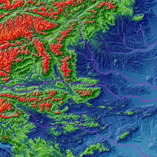 Elevation map of the Alps in unique colours by Grasshopper Geography - detail.