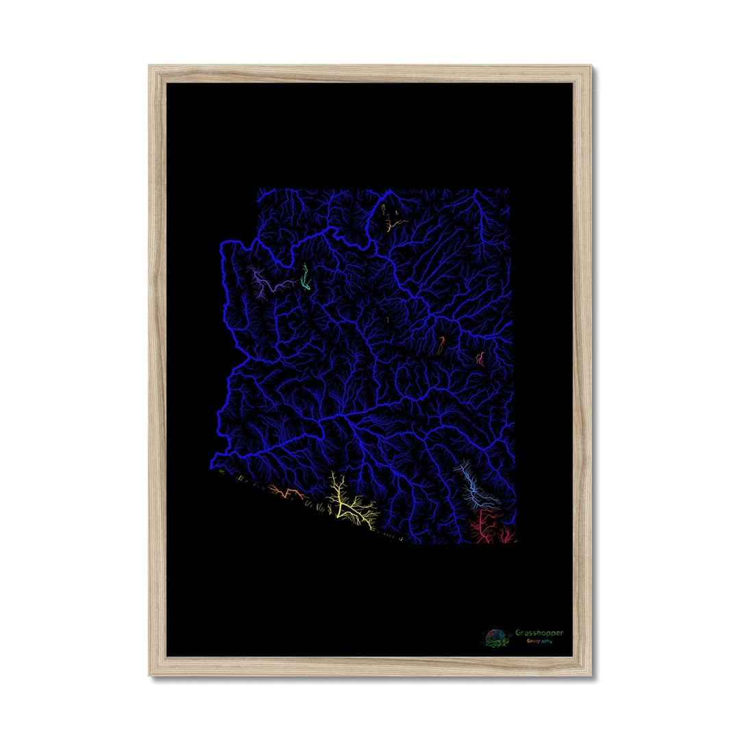 Carte du bassin fluvial de l'Arizona avec fond noir Impression encadrée