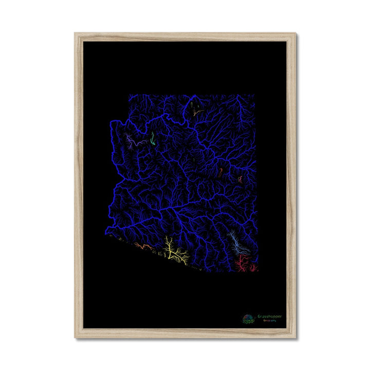 Carte du bassin fluvial de l'Arizona avec fond noir Impression encadrée