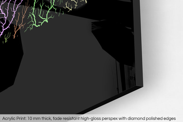 Closeup of an acrylic panel's corner, the details of a Grasshopper Geography map is visible. The text at the bottom reads: Acrylic print - 10 mm thick, fade reistant high-gloss perspex with diamond polished edges.