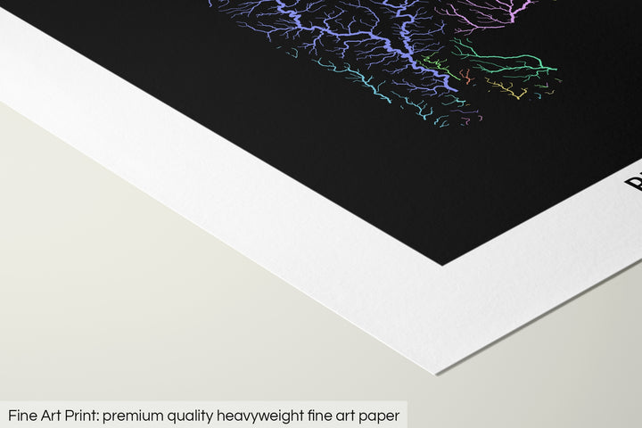 Closeup of a fine art print's corner lying on a flat surface, the details of a Grasshopper Geography map is visible. The text at the bottom reads: Fine art print - premium quality heavyweight fine art paper.