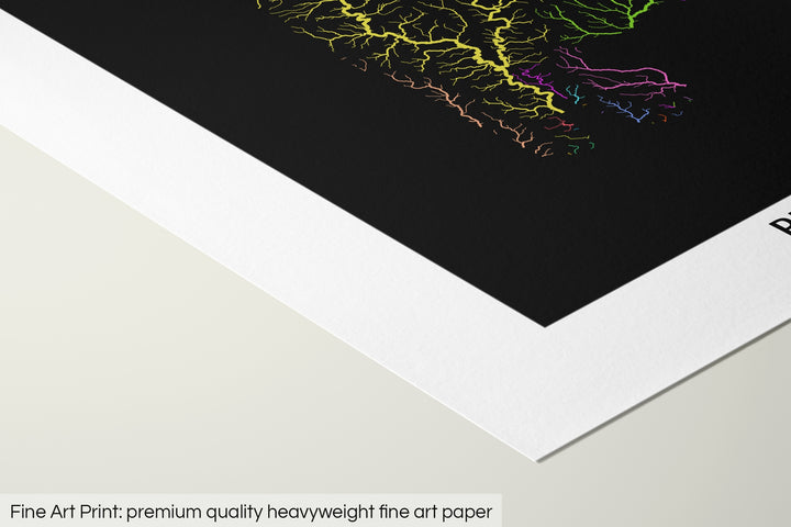 Closeup of a fine art print's corner lying on a flat surface, the details of a Grasshopper Geography map is visible. The text at the bottom reads: Fine art print - premium quality heavyweight fine art paper.
