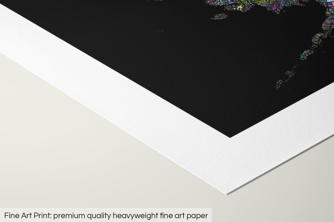 Closeup of a fine art print's corner lying on a flat surface, the details of a Grasshopper Geography map is visible. The text at the bottom reads: Fine art print - premium quality heavyweight fine art paper.
