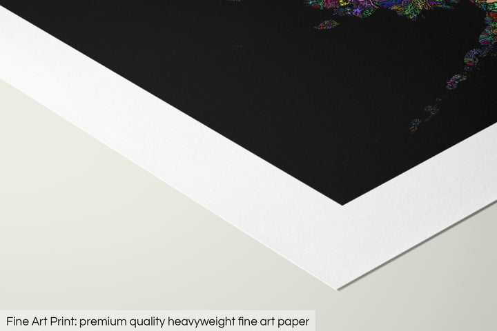 Closeup of a fine art print's corner lying on a flat surface, the details of a Grasshopper Geography map is visible. The text at the bottom reads: Fine art print - premium quality heavyweight fine art paper.