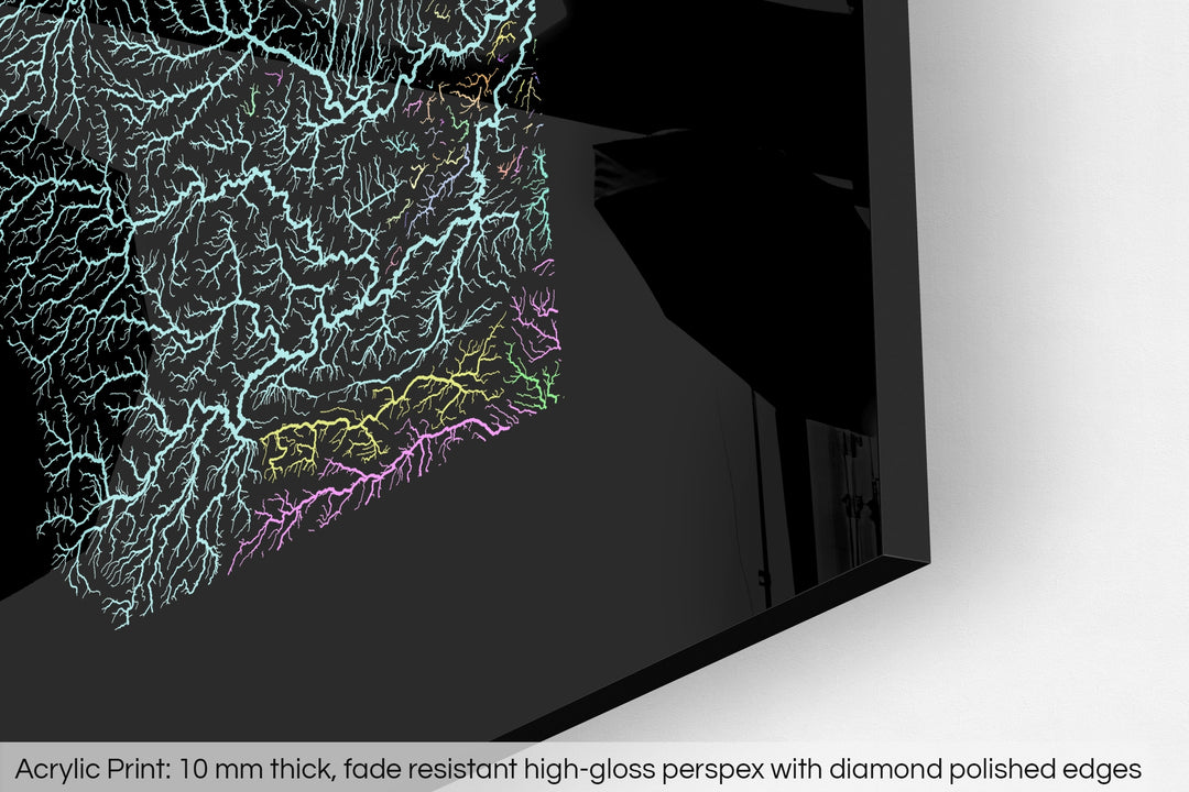Closeup of an acrylic panel's corner, the details of a Grasshopper Geography map is visible. The text at the bottom reads: Acrylic print - 10 mm thick, fade reistant high-gloss perspex with diamond polished edges.