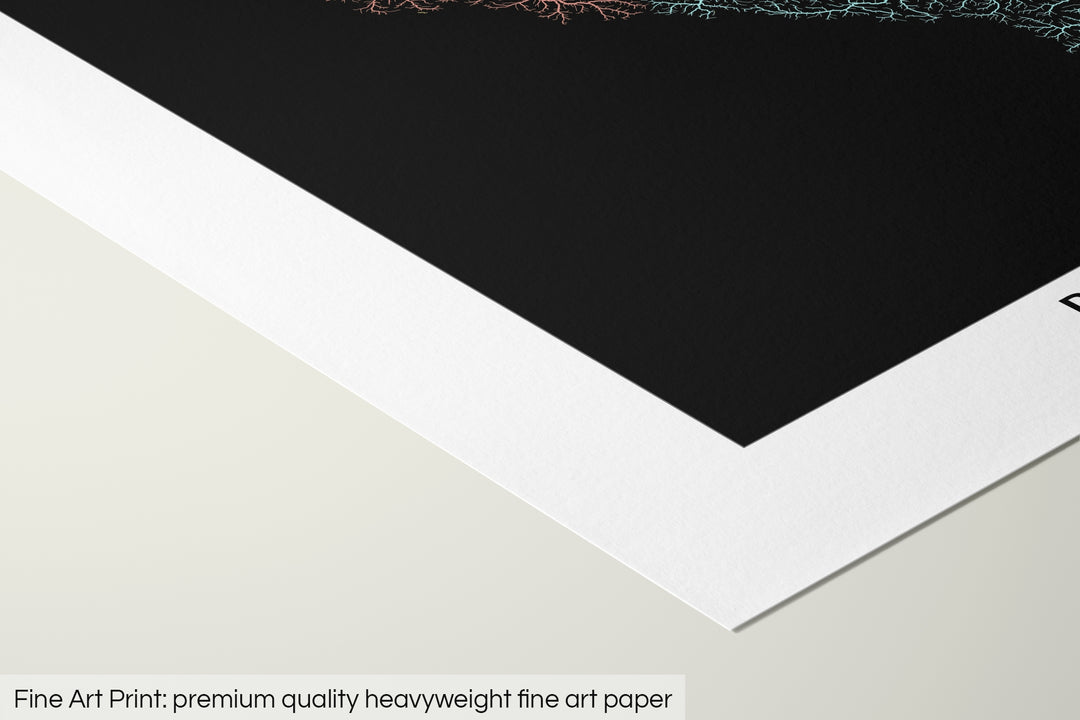 Closeup of a fine art print's corner lying on a flat surface, the details of a Grasshopper Geography map is visible. The text at the bottom reads: Fine art print - premium quality heavyweight fine art paper.