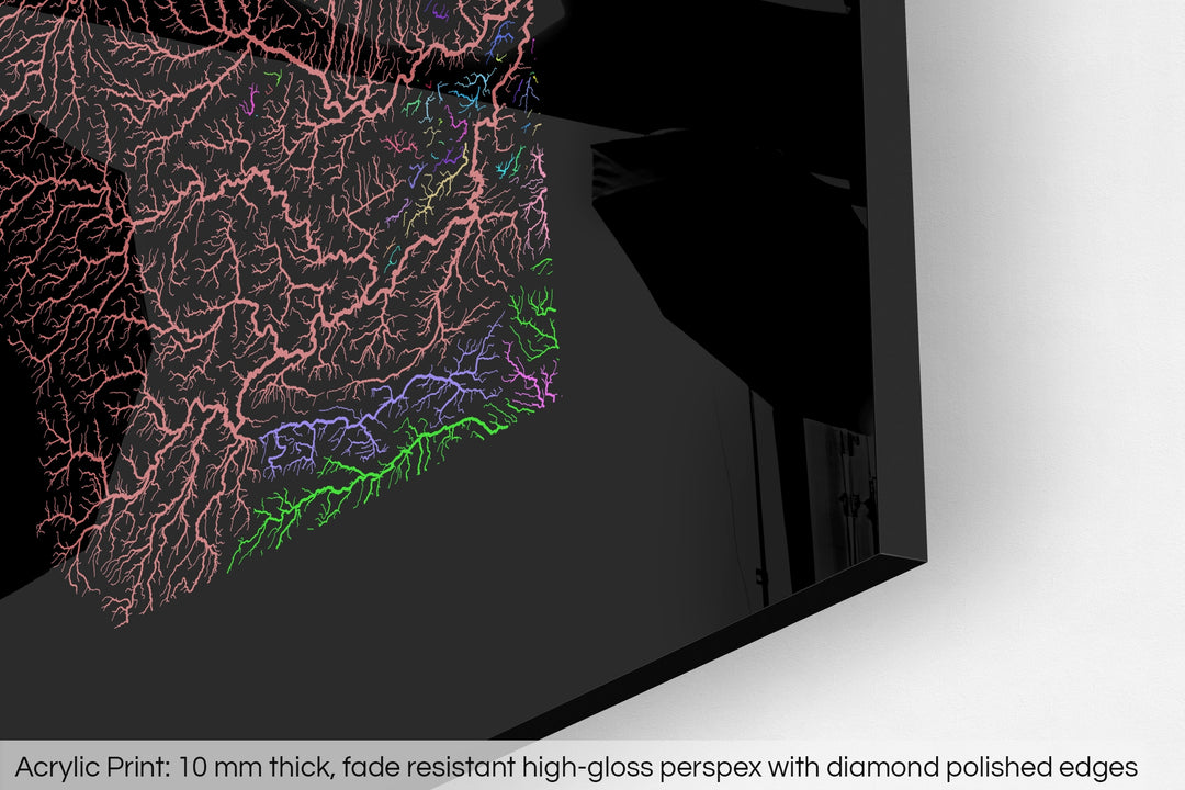 Closeup of an acrylic panel's corner, the details of a Grasshopper Geography map is visible. The text at the bottom reads: Acrylic print - 10 mm thick, fade reistant high-gloss perspex with diamond polished edges.