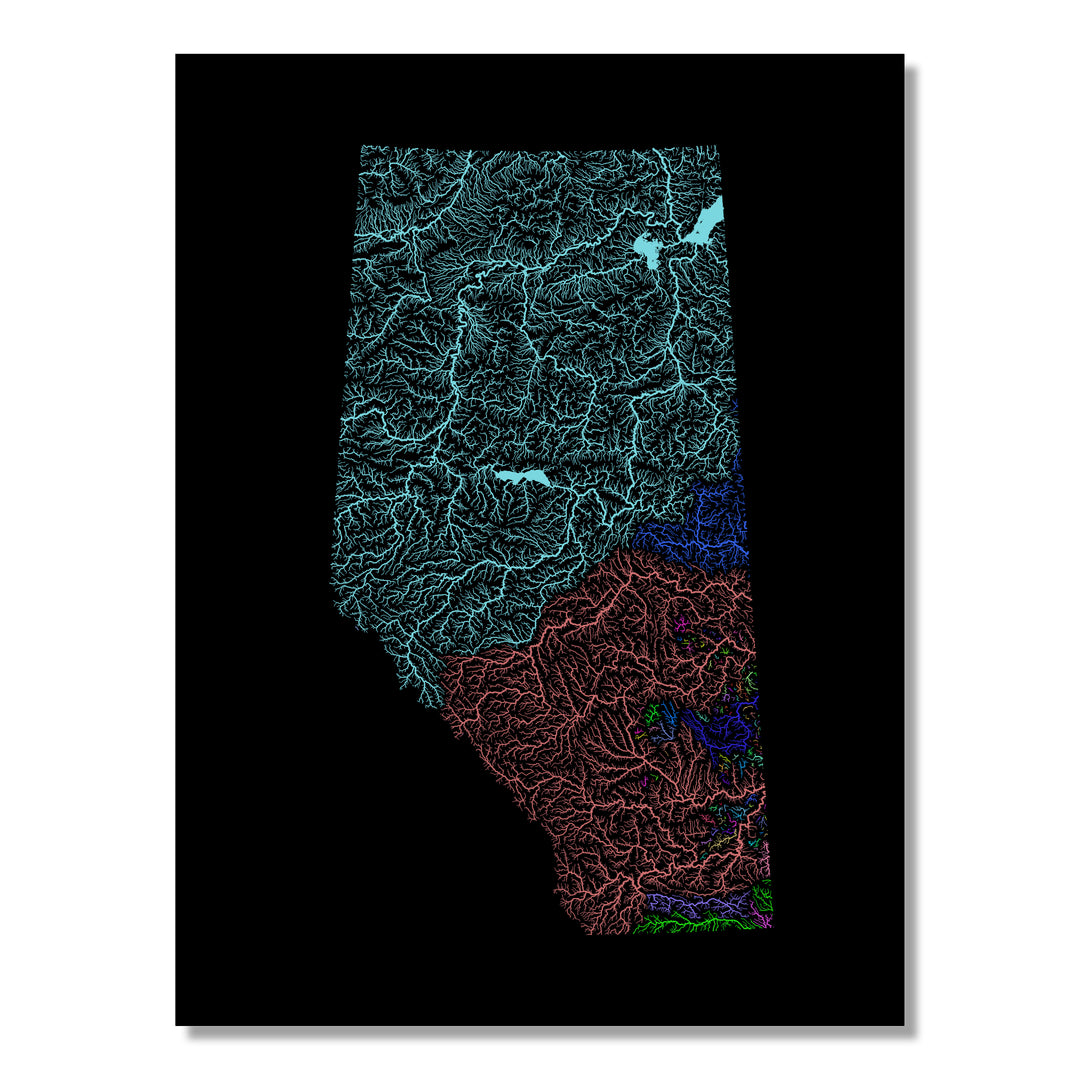 Alberta - River basin map, rainbow colours - Wall Art by Grasshopper Geography. Image of a high-resolution map created by geographer Robert Szucs, available as wall art and for licensing.