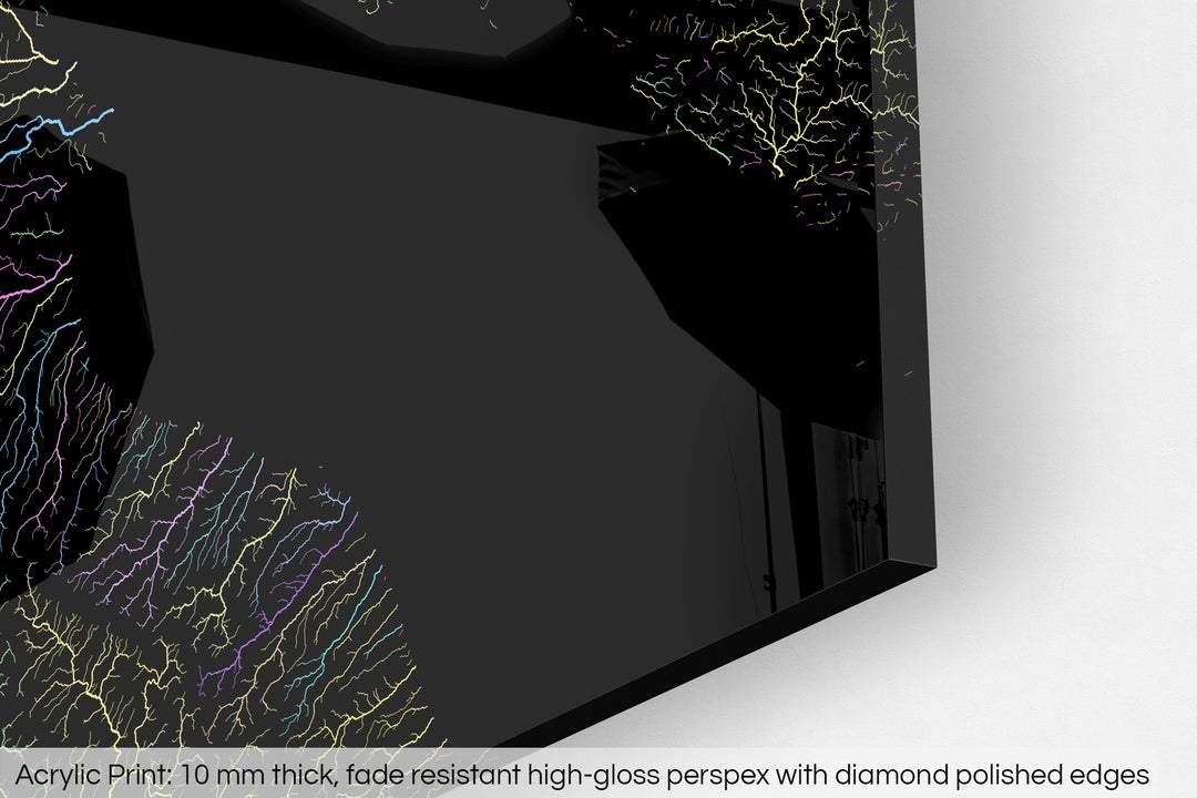 Closeup of an acrylic panel's corner, the details of a Grasshopper Geography map is visible. The text at the bottom reads: Acrylic print - 10 mm thick, fade reistant high-gloss perspex with diamond polished edges.