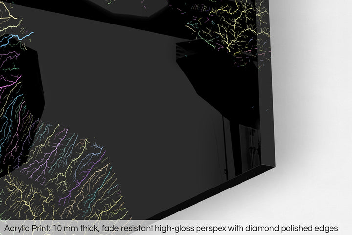 Closeup of an acrylic panel's corner, the details of a Grasshopper Geography map is visible. The text at the bottom reads: Acrylic print - 10 mm thick, fade reistant high-gloss perspex with diamond polished edges.