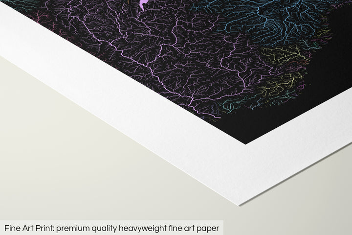 Closeup of a fine art print's corner lying on a flat surface, the details of a Grasshopper Geography map is visible. The text at the bottom reads: Fine art print - premium quality heavyweight fine art paper.