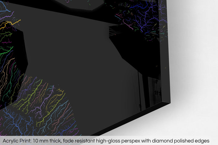 Closeup of an acrylic panel's corner, the details of a Grasshopper Geography map is visible. The text at the bottom reads: Acrylic print - 10 mm thick, fade reistant high-gloss perspex with diamond polished edges.