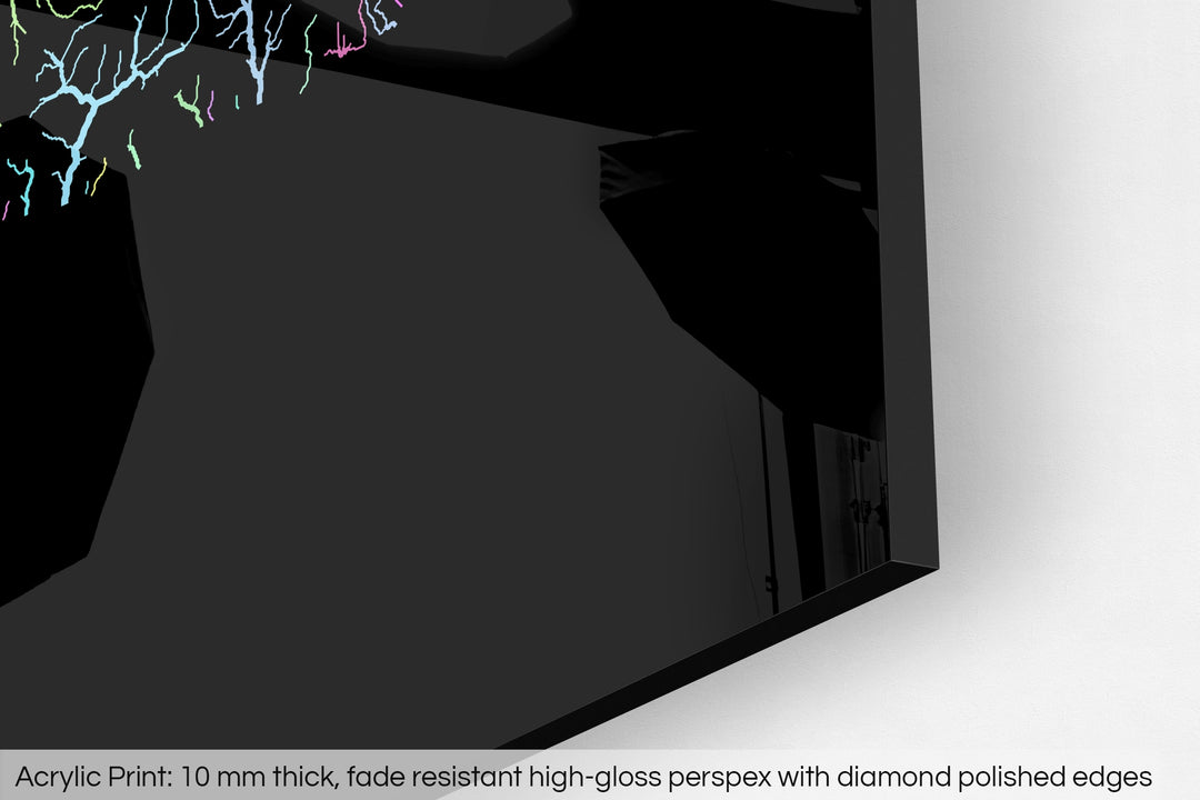Closeup of an acrylic panel's corner, the details of a Grasshopper Geography map is visible. The text at the bottom reads: Acrylic print - 10 mm thick, fade reistant high-gloss perspex with diamond polished edges.
