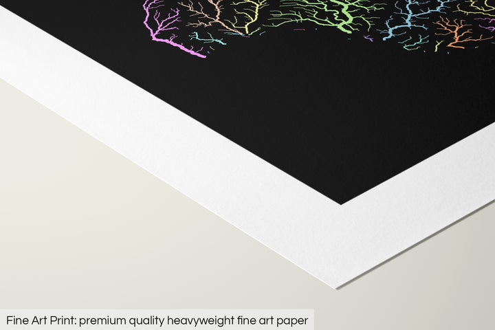 Closeup of a fine art print's corner lying on a flat surface, the details of a Grasshopper Geography map is visible. The text at the bottom reads: Fine art print - premium quality heavyweight fine art paper.