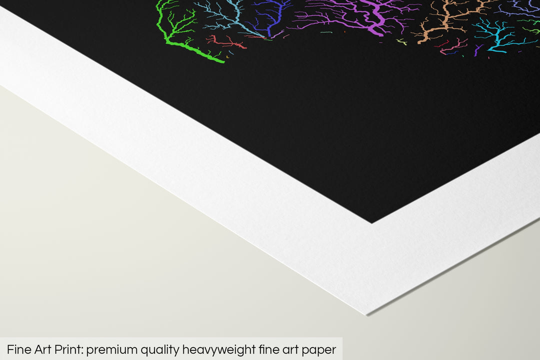 Closeup of a fine art print's corner lying on a flat surface, the details of a Grasshopper Geography map is visible. The text at the bottom reads: Fine art print - premium quality heavyweight fine art paper.