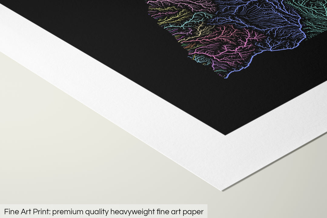 Closeup of a fine art print's corner lying on a flat surface, the details of a Grasshopper Geography map is visible. The text at the bottom reads: Fine art print - premium quality heavyweight fine art paper.