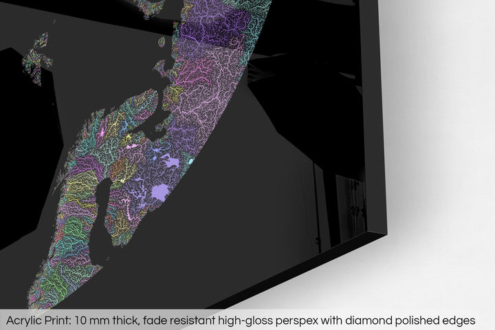 Closeup of an acrylic panel's corner, the details of a Grasshopper Geography map is visible. The text at the bottom reads: Acrylic print - 10 mm thick, fade reistant high-gloss perspex with diamond polished edges.