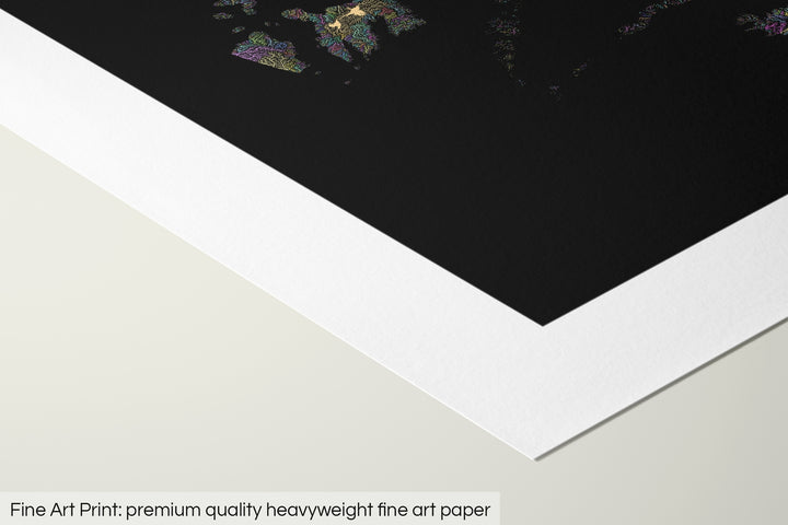 Closeup of a fine art print's corner lying on a flat surface, the details of a Grasshopper Geography map is visible. The text at the bottom reads: Fine art print - premium quality heavyweight fine art paper.