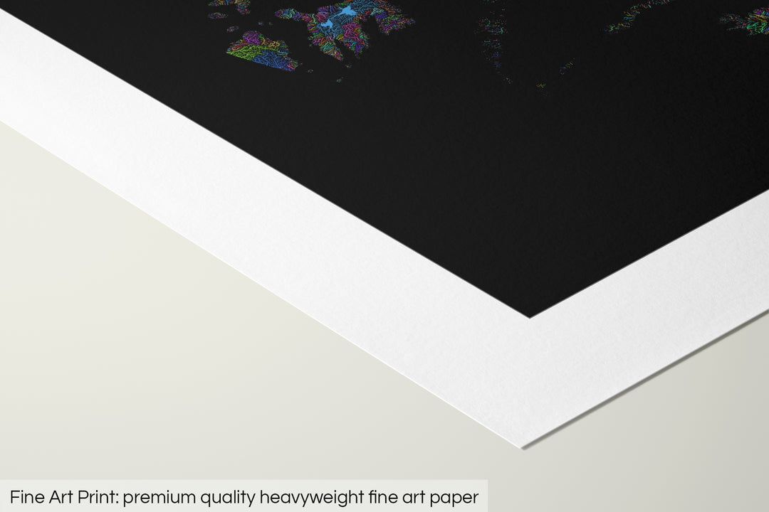 Closeup of a fine art print's corner lying on a flat surface, the details of a Grasshopper Geography map is visible. The text at the bottom reads: Fine art print - premium quality heavyweight fine art paper.