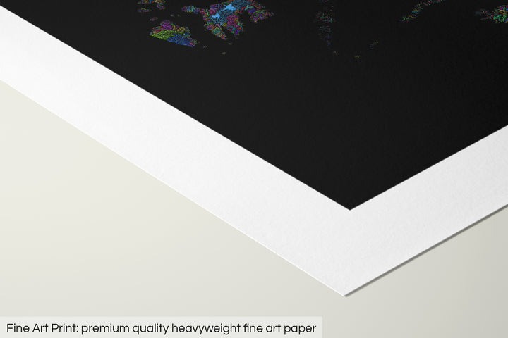 Closeup of a fine art print's corner lying on a flat surface, the details of a Grasshopper Geography map is visible. The text at the bottom reads: Fine art print - premium quality heavyweight fine art paper.