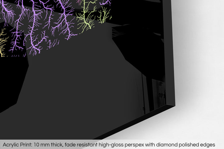 Closeup of an acrylic panel's corner, the details of a Grasshopper Geography map is visible. The text at the bottom reads: Acrylic print - 10 mm thick, fade reistant high-gloss perspex with diamond polished edges.