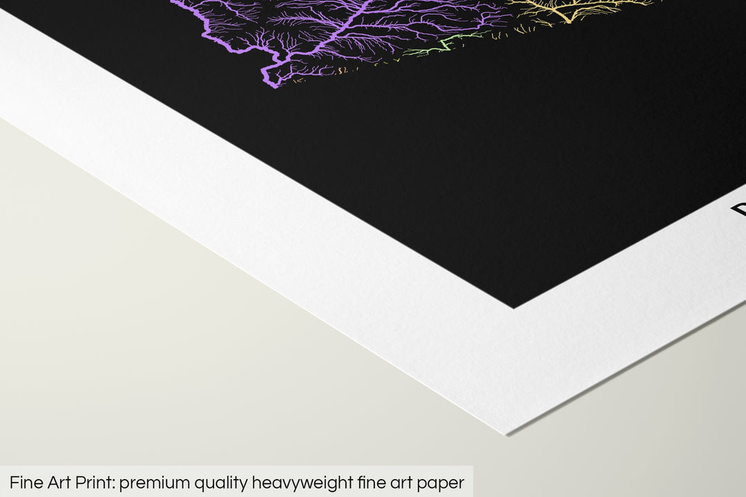 Closeup of a fine art print's corner lying on a flat surface, the details of a Grasshopper Geography map is visible. The text at the bottom reads: Fine art print - premium quality heavyweight fine art paper.