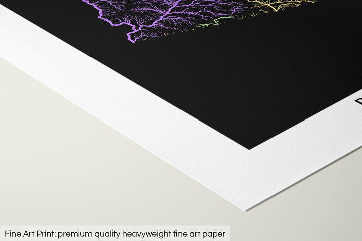 Closeup of a fine art print's corner lying on a flat surface, the details of a Grasshopper Geography map is visible. The text at the bottom reads: Fine art print - premium quality heavyweight fine art paper.