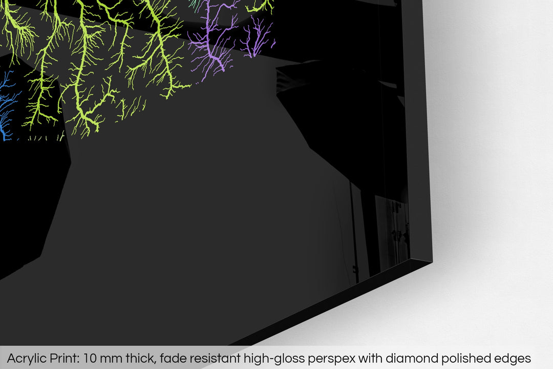 Closeup of an acrylic panel's corner, the details of a Grasshopper Geography map is visible. The text at the bottom reads: Acrylic print - 10 mm thick, fade reistant high-gloss perspex with diamond polished edges.