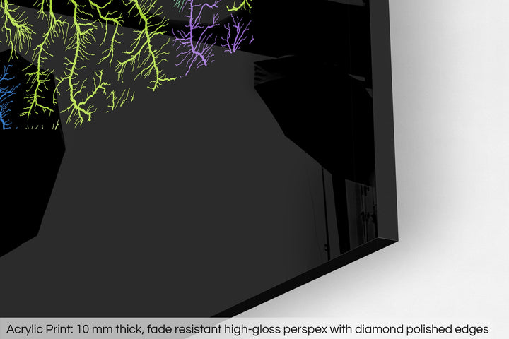 Closeup of an acrylic panel's corner, the details of a Grasshopper Geography map is visible. The text at the bottom reads: Acrylic print - 10 mm thick, fade reistant high-gloss perspex with diamond polished edges.