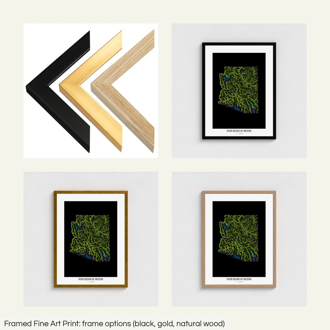 The image shows the different frames available at Grasshopper Geography's map shop: black, golden and natural wood. The image is a collection of four smaller pictures: the first one shows the wooden frames up close, the other three are mockups of the printed map in each frame.