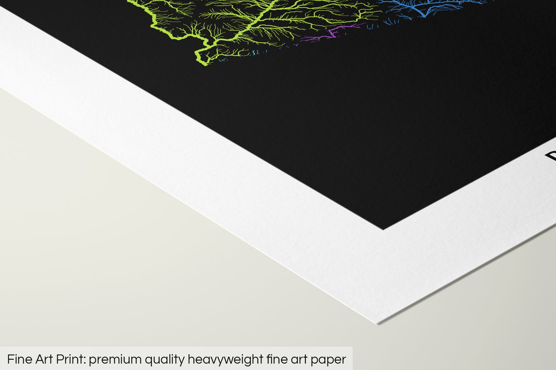 Closeup of a fine art print's corner lying on a flat surface, the details of a Grasshopper Geography map is visible. The text at the bottom reads: Fine art print - premium quality heavyweight fine art paper.