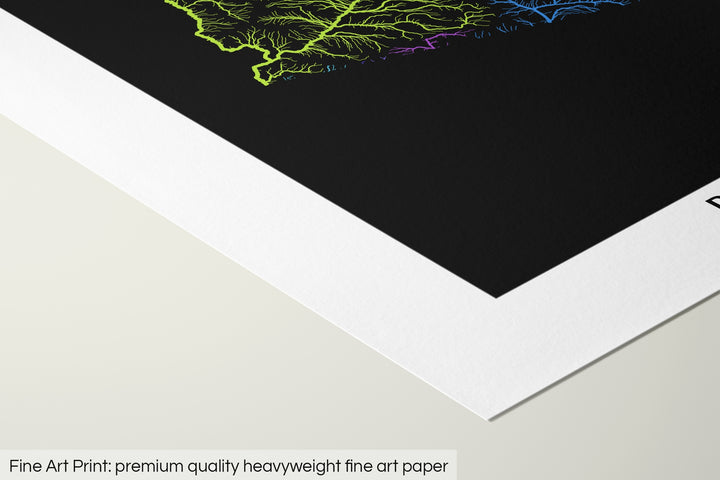 Closeup of a fine art print's corner lying on a flat surface, the details of a Grasshopper Geography map is visible. The text at the bottom reads: Fine art print - premium quality heavyweight fine art paper.