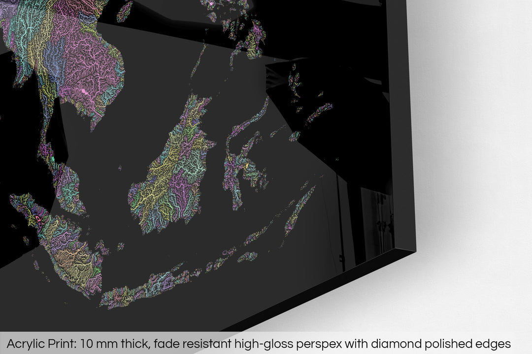 Closeup of an acrylic panel's corner, the details of a Grasshopper Geography map is visible. The text at the bottom reads: Acrylic print - 10 mm thick, fade reistant high-gloss perspex with diamond polished edges.