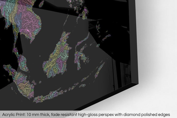 Closeup of an acrylic panel's corner, the details of a Grasshopper Geography map is visible. The text at the bottom reads: Acrylic print - 10 mm thick, fade reistant high-gloss perspex with diamond polished edges.