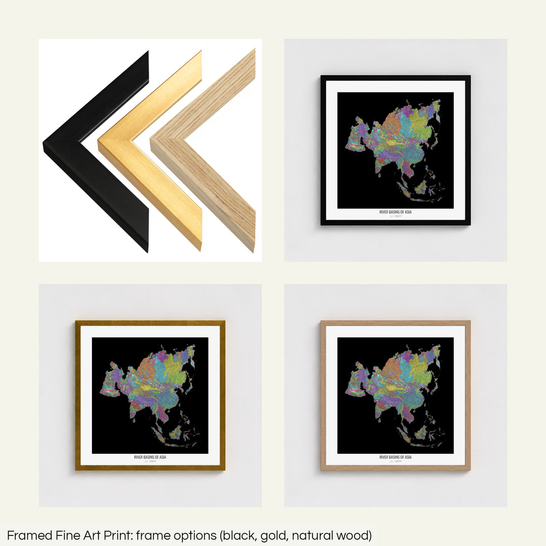 The image shows the different frames available at Grasshopper Geography's map shop: black, golden and natural wood. The image is a collection of four smaller pictures: the first one shows the wooden frames up close, the other three are mockups of the printed map in each frame.