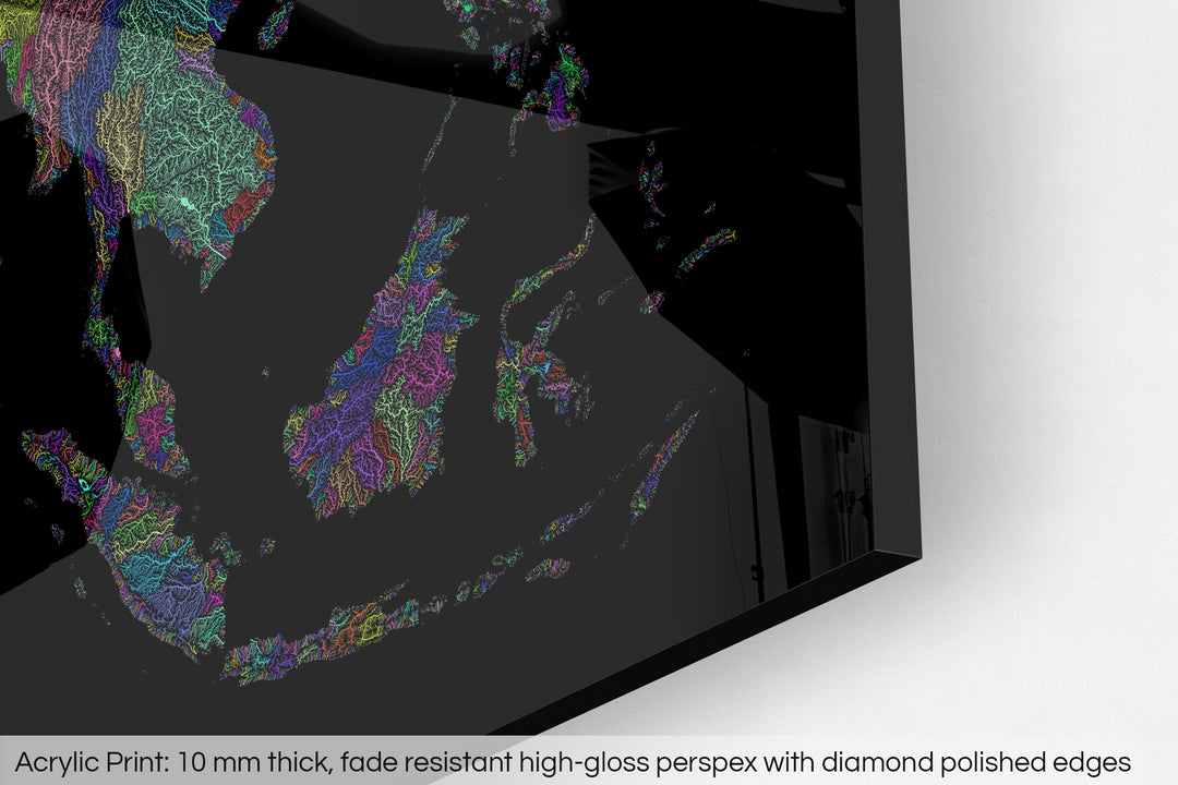 Closeup of an acrylic panel's corner, the details of a Grasshopper Geography map is visible. The text at the bottom reads: Acrylic print - 10 mm thick, fade reistant high-gloss perspex with diamond polished edges.