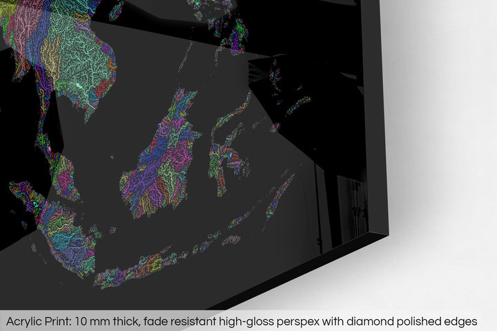 Closeup of an acrylic panel's corner, the details of a Grasshopper Geography map is visible. The text at the bottom reads: Acrylic print - 10 mm thick, fade reistant high-gloss perspex with diamond polished edges.