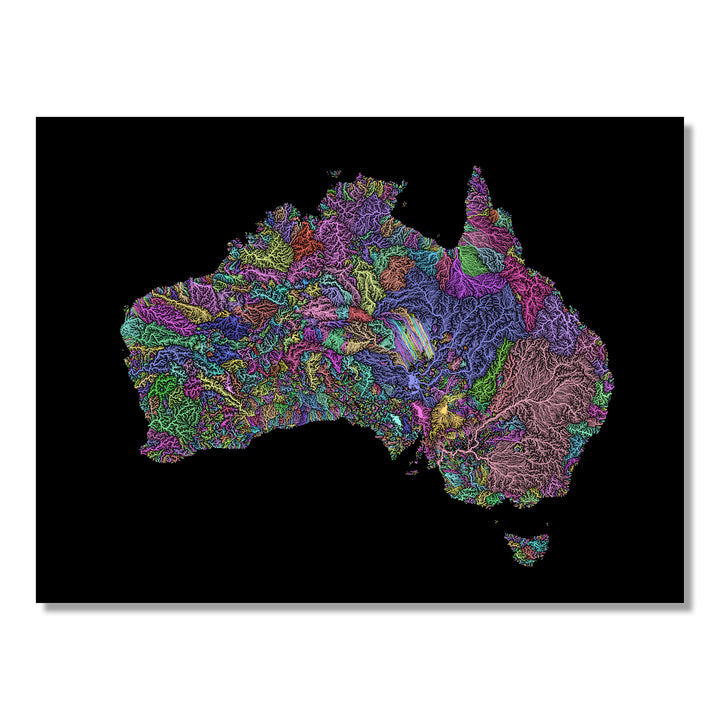 Australia - River basin map, pastel colours - Wall Art by Grasshopper Geography. Image of a high-resolution map created by geographer Robert Szucs, available as wall art and for licensing.