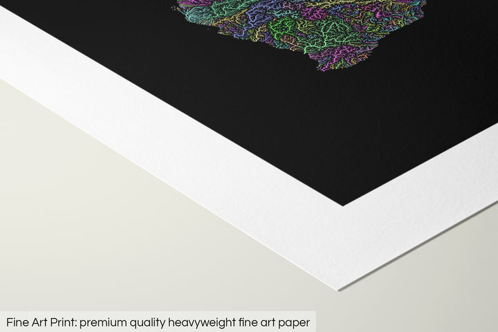 Closeup of a fine art print's corner lying on a flat surface, the details of a Grasshopper Geography map is visible. The text at the bottom reads: Fine art print - premium quality heavyweight fine art paper.