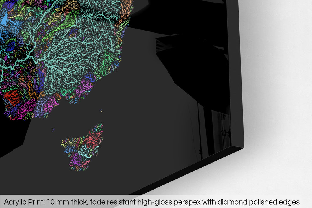 Closeup of an acrylic panel's corner, the details of a Grasshopper Geography map is visible. The text at the bottom reads: Acrylic print - 10 mm thick, fade reistant high-gloss perspex with diamond polished edges.