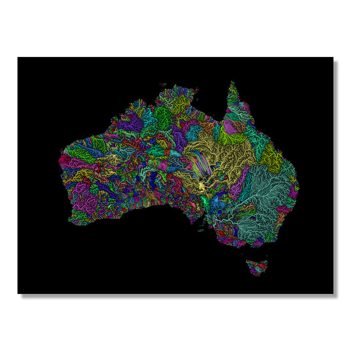 Australia - River basin map, rainbow colours - Wall Art by Grasshopper Geography. Image of a high-resolution map created by geographer Robert Szucs, available as wall art and for licensing.