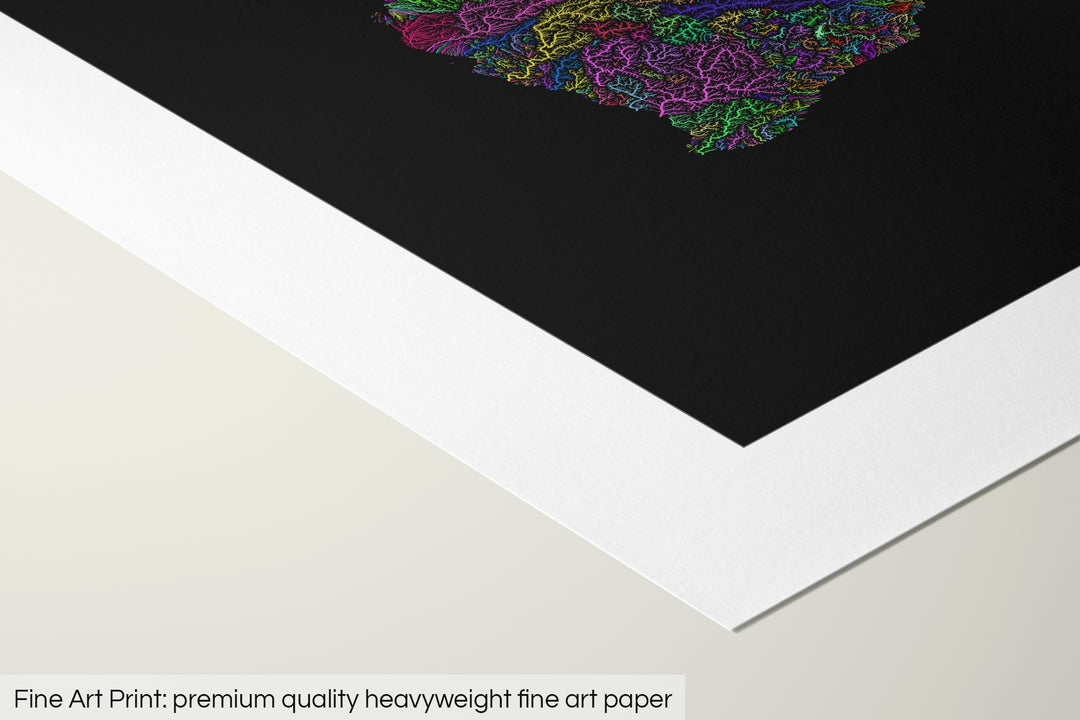 Closeup of a fine art print's corner lying on a flat surface, the details of a Grasshopper Geography map is visible. The text at the bottom reads: Fine art print - premium quality heavyweight fine art paper.