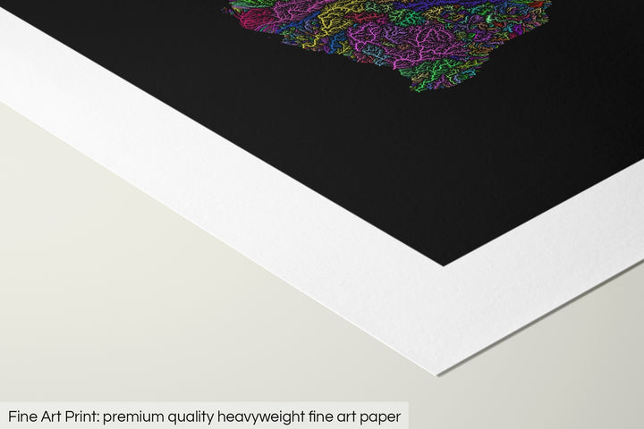 Closeup of a fine art print's corner lying on a flat surface, the details of a Grasshopper Geography map is visible. The text at the bottom reads: Fine art print - premium quality heavyweight fine art paper.