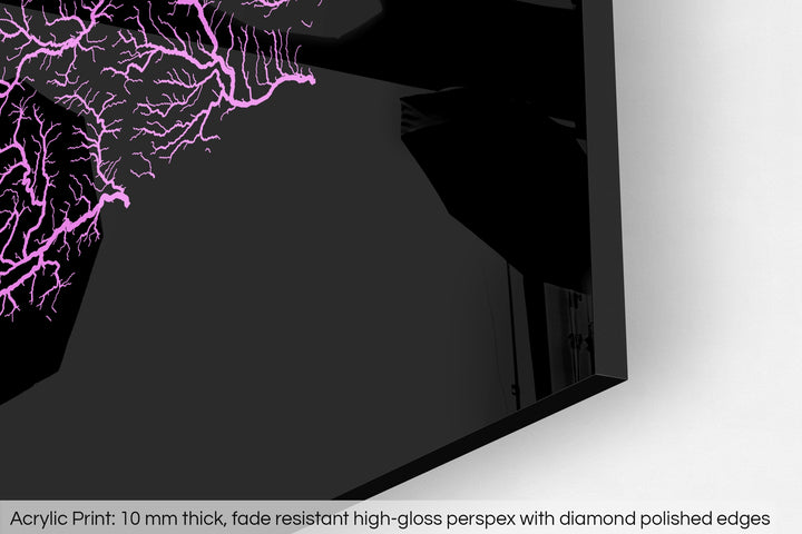 Closeup of an acrylic panel's corner, the details of a Grasshopper Geography map is visible. The text at the bottom reads: Acrylic print - 10 mm thick, fade reistant high-gloss perspex with diamond polished edges.