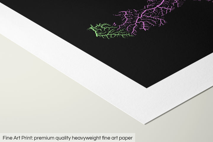 Closeup of a fine art print's corner lying on a flat surface, the details of a Grasshopper Geography map is visible. The text at the bottom reads: Fine art print - premium quality heavyweight fine art paper.