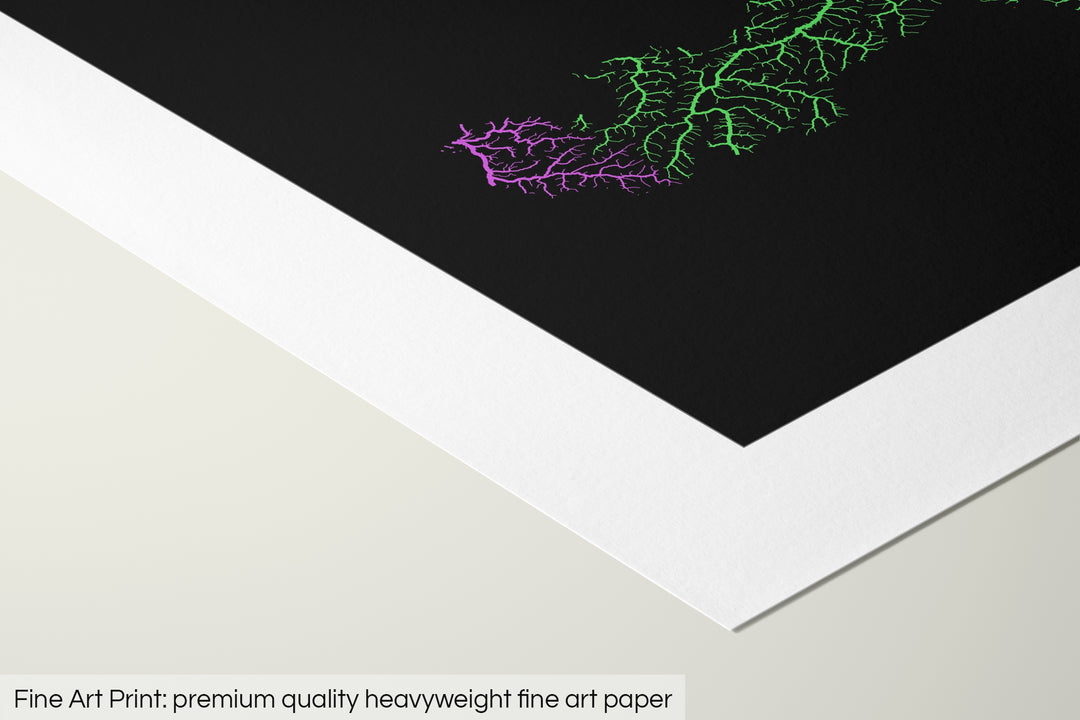 Closeup of a fine art print's corner lying on a flat surface, the details of a Grasshopper Geography map is visible. The text at the bottom reads: Fine art print - premium quality heavyweight fine art paper.