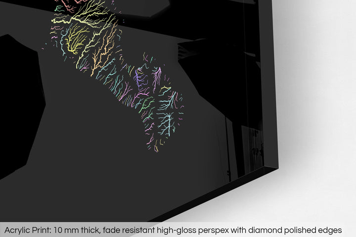Closeup of an acrylic panel's corner, the details of a Grasshopper Geography map is visible. The text at the bottom reads: Acrylic print - 10 mm thick, fade reistant high-gloss perspex with diamond polished edges.