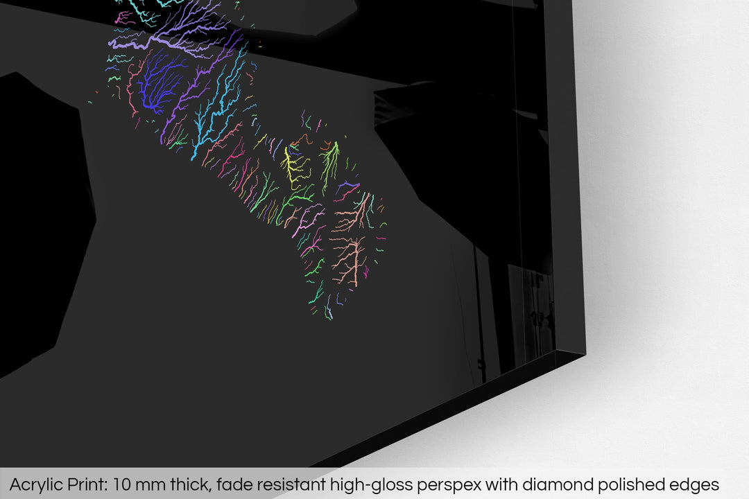 Closeup of an acrylic panel's corner, the details of a Grasshopper Geography map is visible. The text at the bottom reads: Acrylic print - 10 mm thick, fade reistant high-gloss perspex with diamond polished edges.