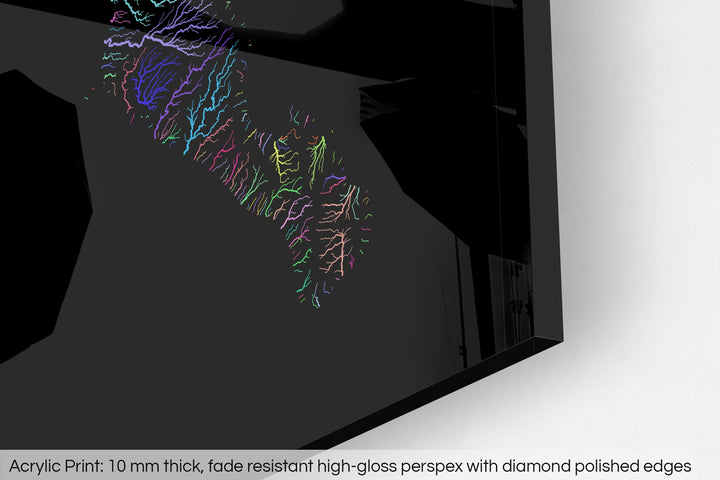 Closeup of an acrylic panel's corner, the details of a Grasshopper Geography map is visible. The text at the bottom reads: Acrylic print - 10 mm thick, fade reistant high-gloss perspex with diamond polished edges.