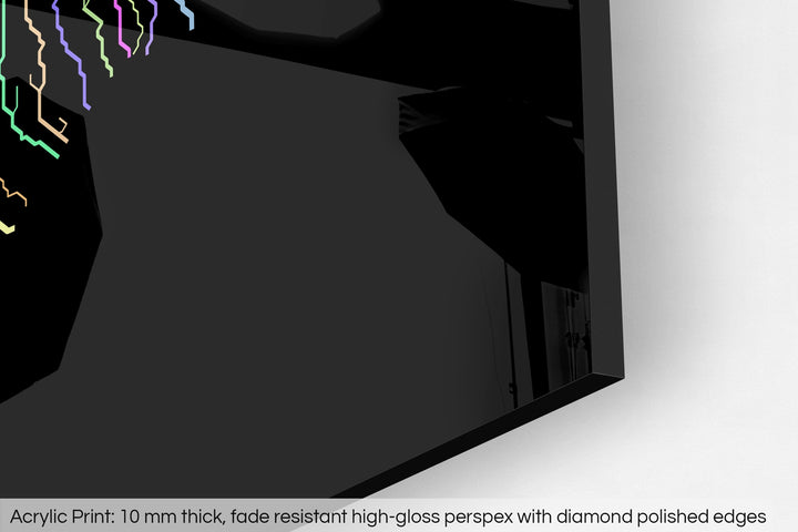 Closeup of an acrylic panel's corner, the details of a Grasshopper Geography map is visible. The text at the bottom reads: Acrylic print - 10 mm thick, fade reistant high-gloss perspex with diamond polished edges.